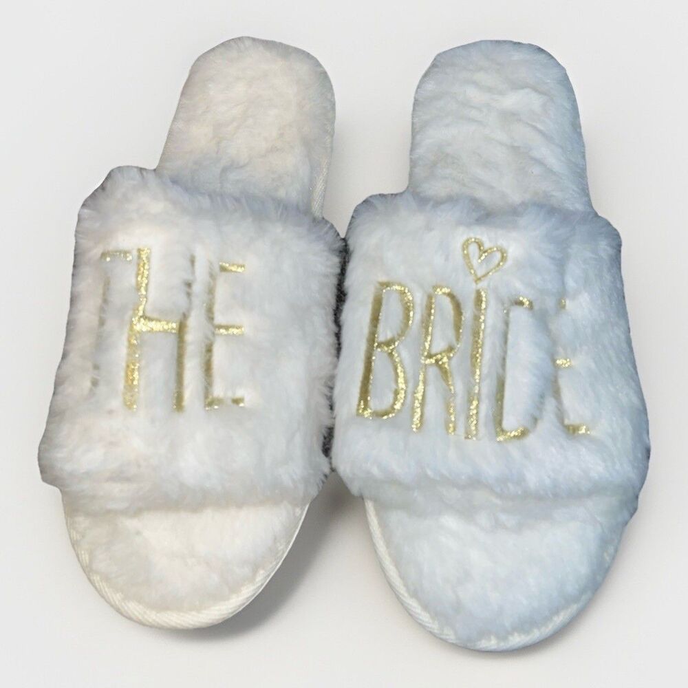 Bridal Slippers Womens Size 42-43 White Gold THE BRIDE Embroidered Fuzzy Slip On
